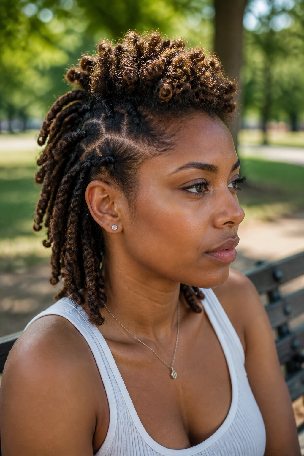Close-up of shortened loc mohawk with loose curls outdoors