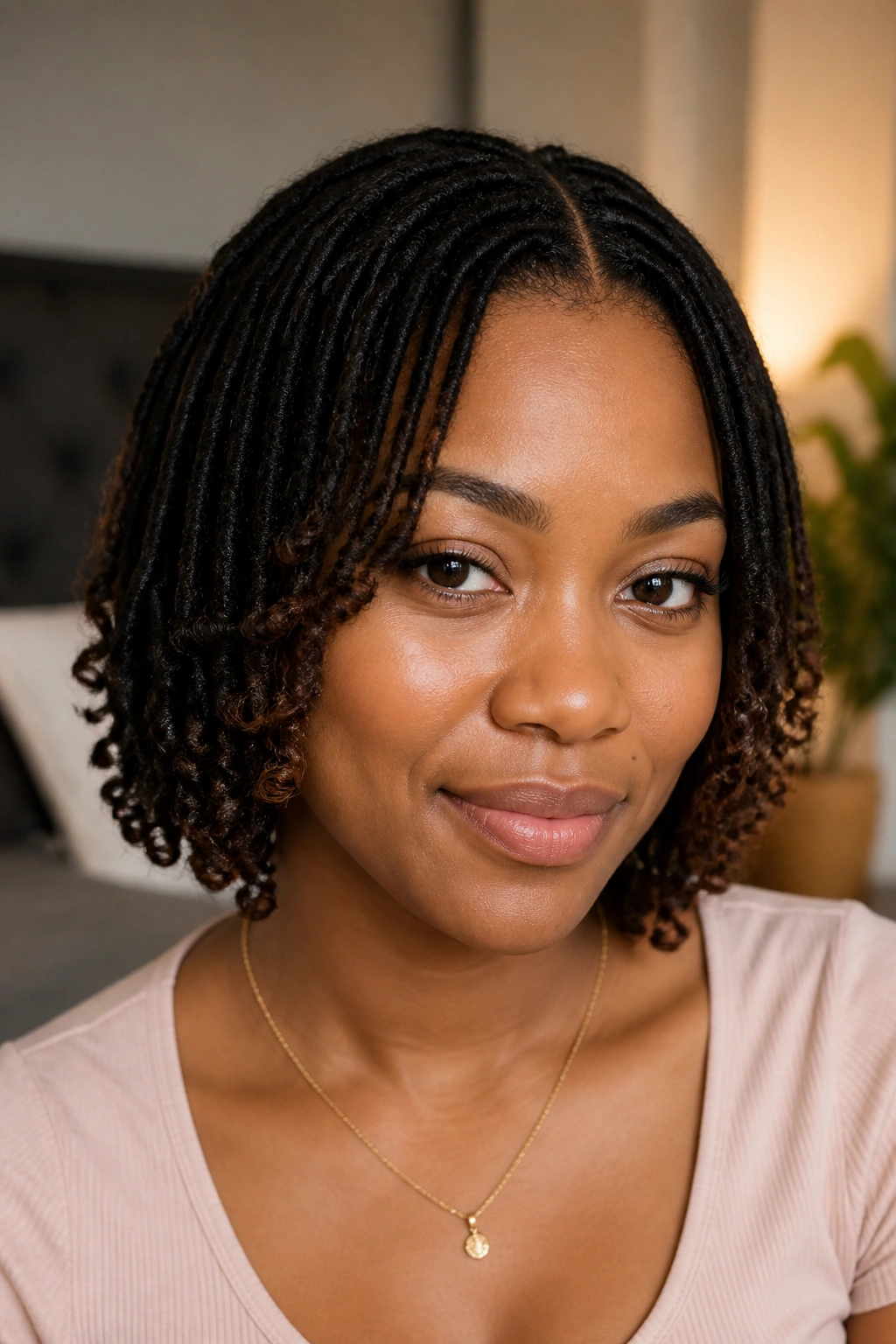 Portrait of a woman with short locs and curled ends.