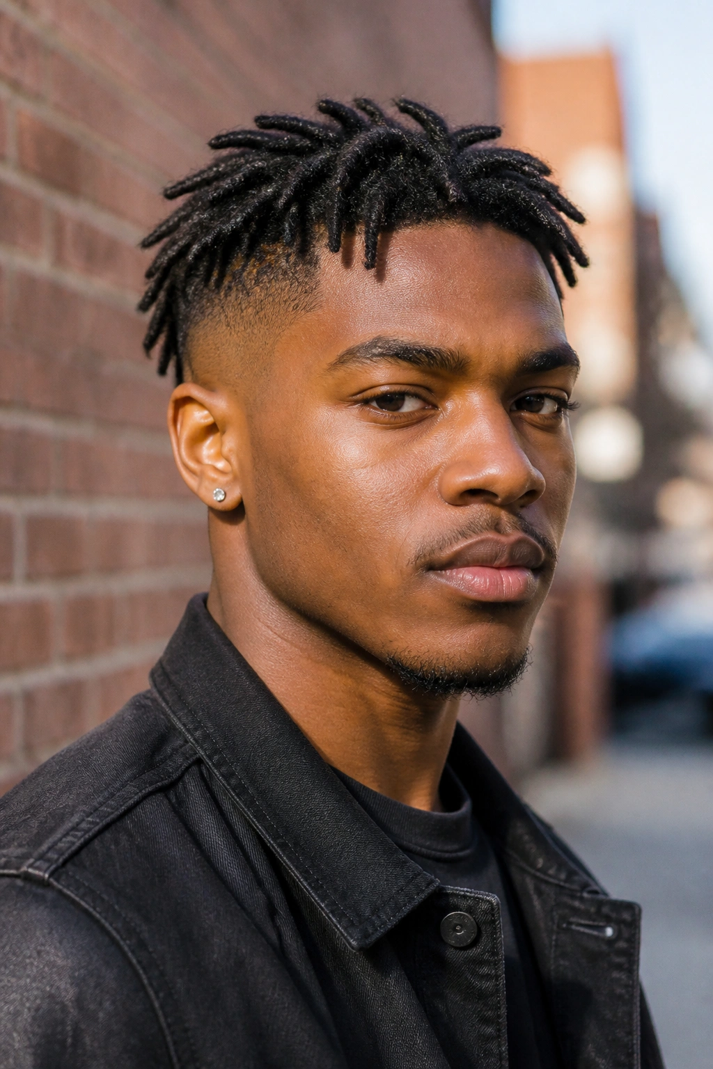 Close-up portrait of a real person with short locs and tapered fade hairstyle.