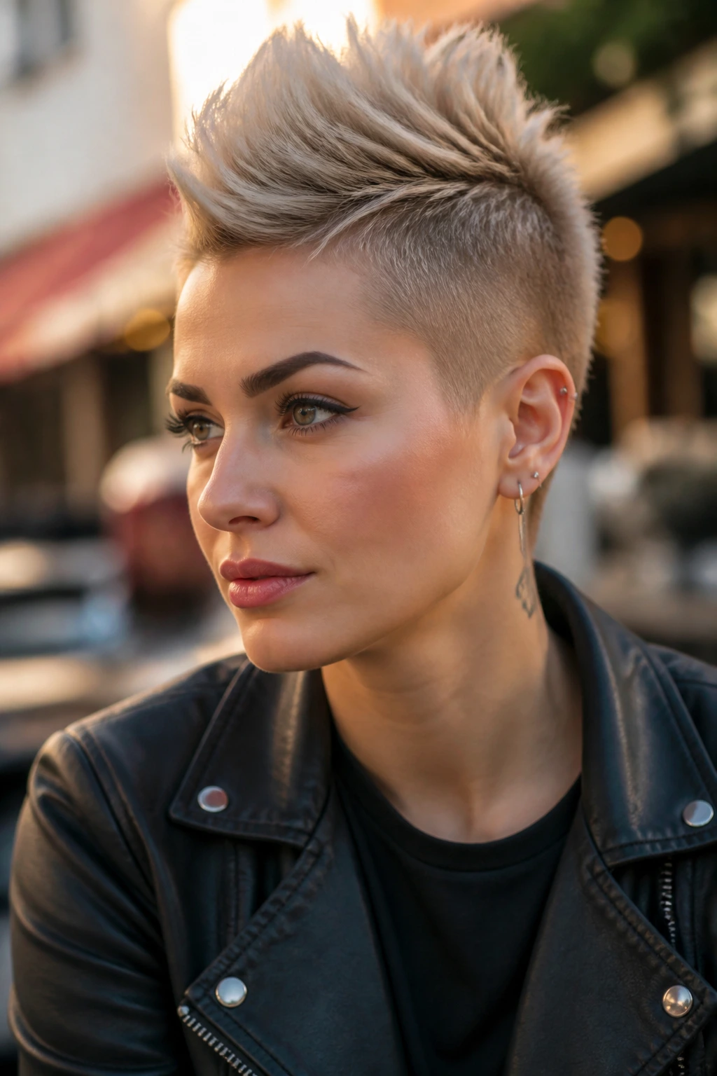 Close-up portrait of a real woman with short mohawk pixie and center crest