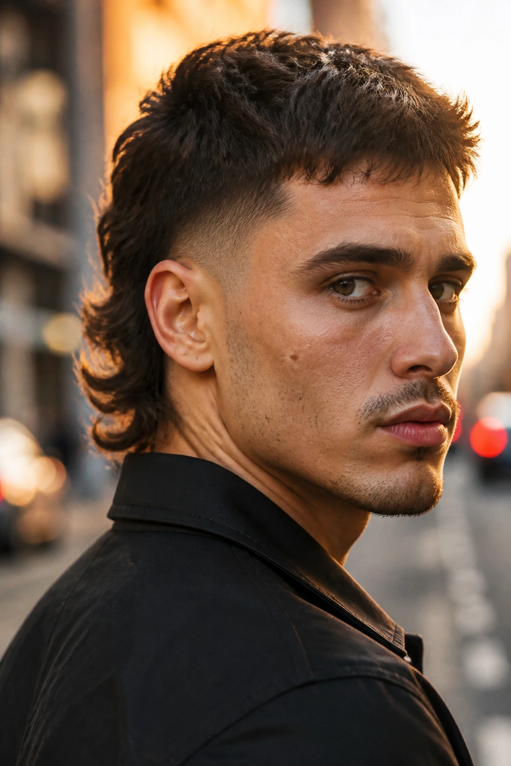 Close-up portrait of a man with Short Mullet hairstyle on urban street