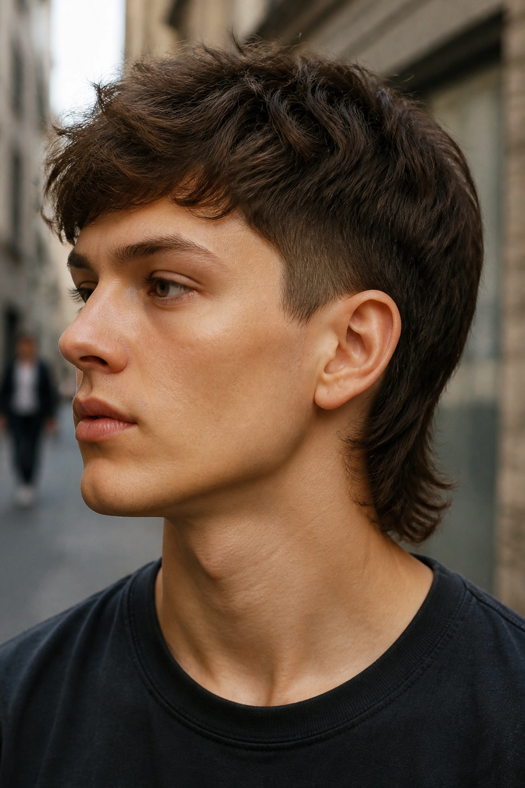 Close-up of a real person with a short mullet and soft nape in daylight