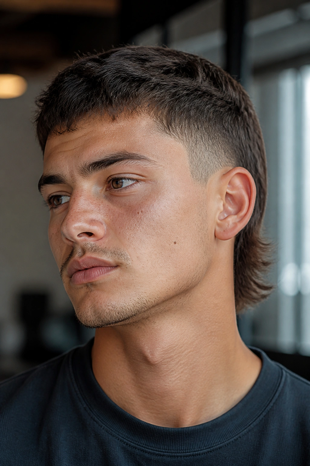 Close-up portrait of a real person with Short Mullet With Tight Sides hairstyle in soft indoor light.