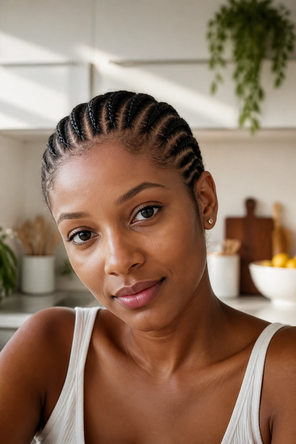 Real person with short natural hair cornrows in sunny kitchen