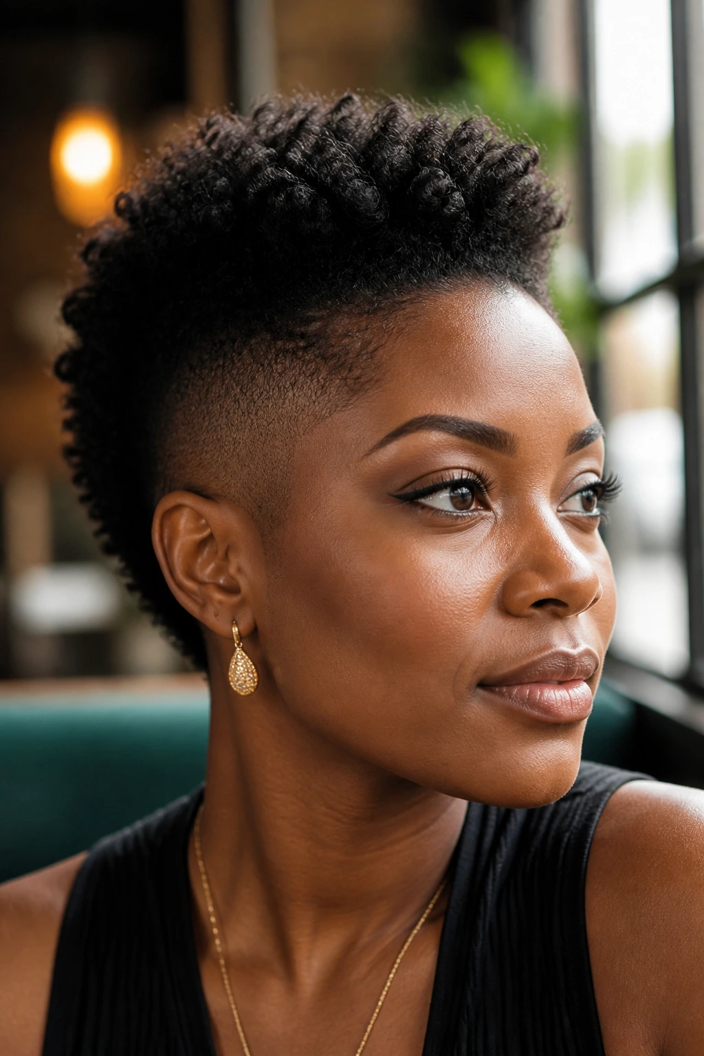 Close-up of a real woman's short natural coils Mohawk in warm cafe light