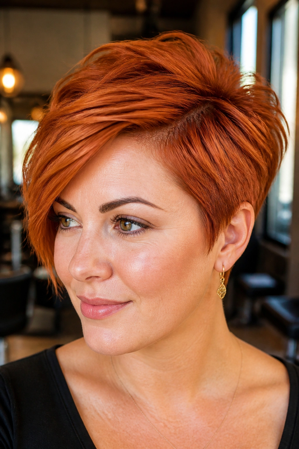 Close-up portrait of a real woman with a deep side-part copper-red pixie in a salon