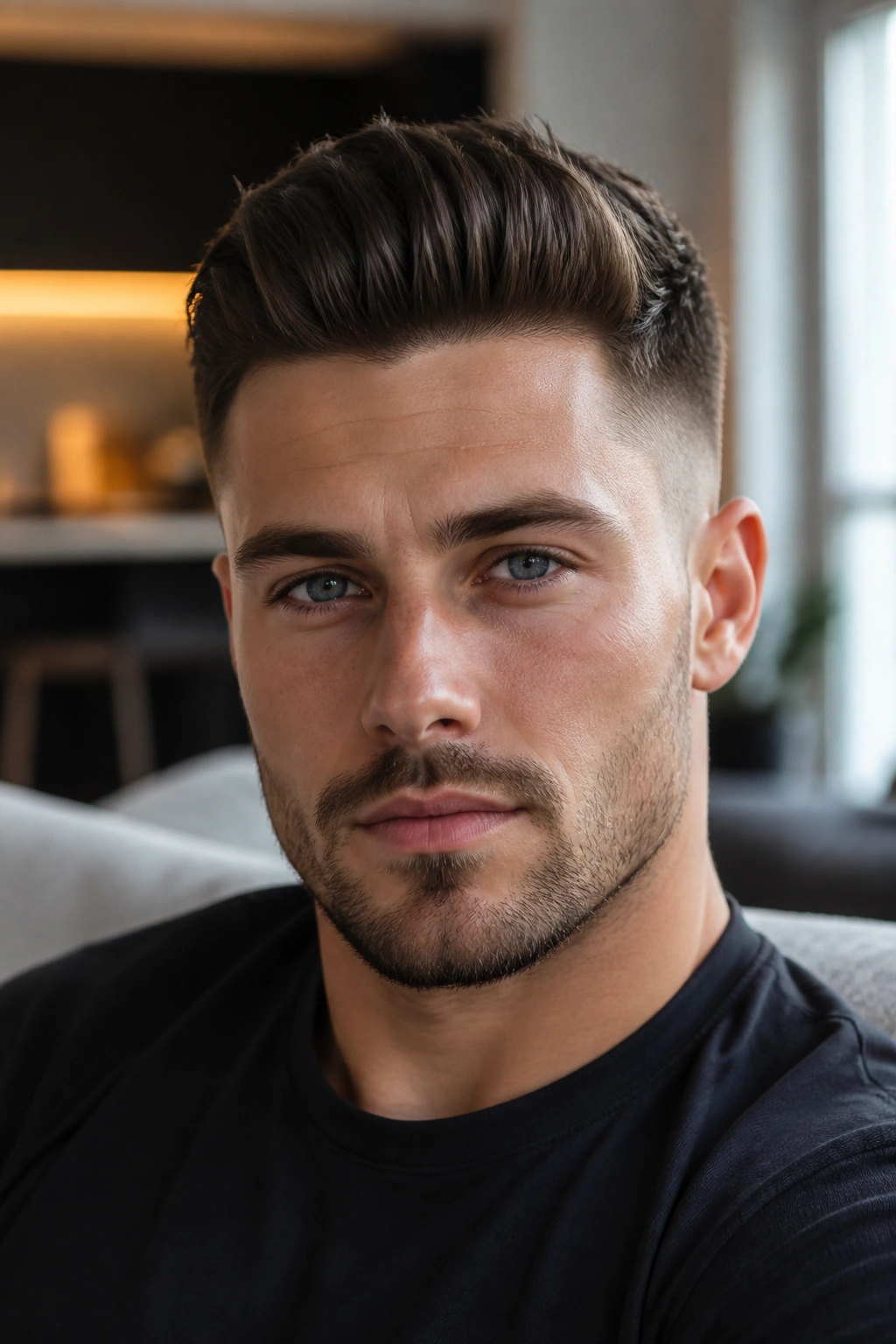 Close-up portrait of a man with a short pompadour hairstyle indoors