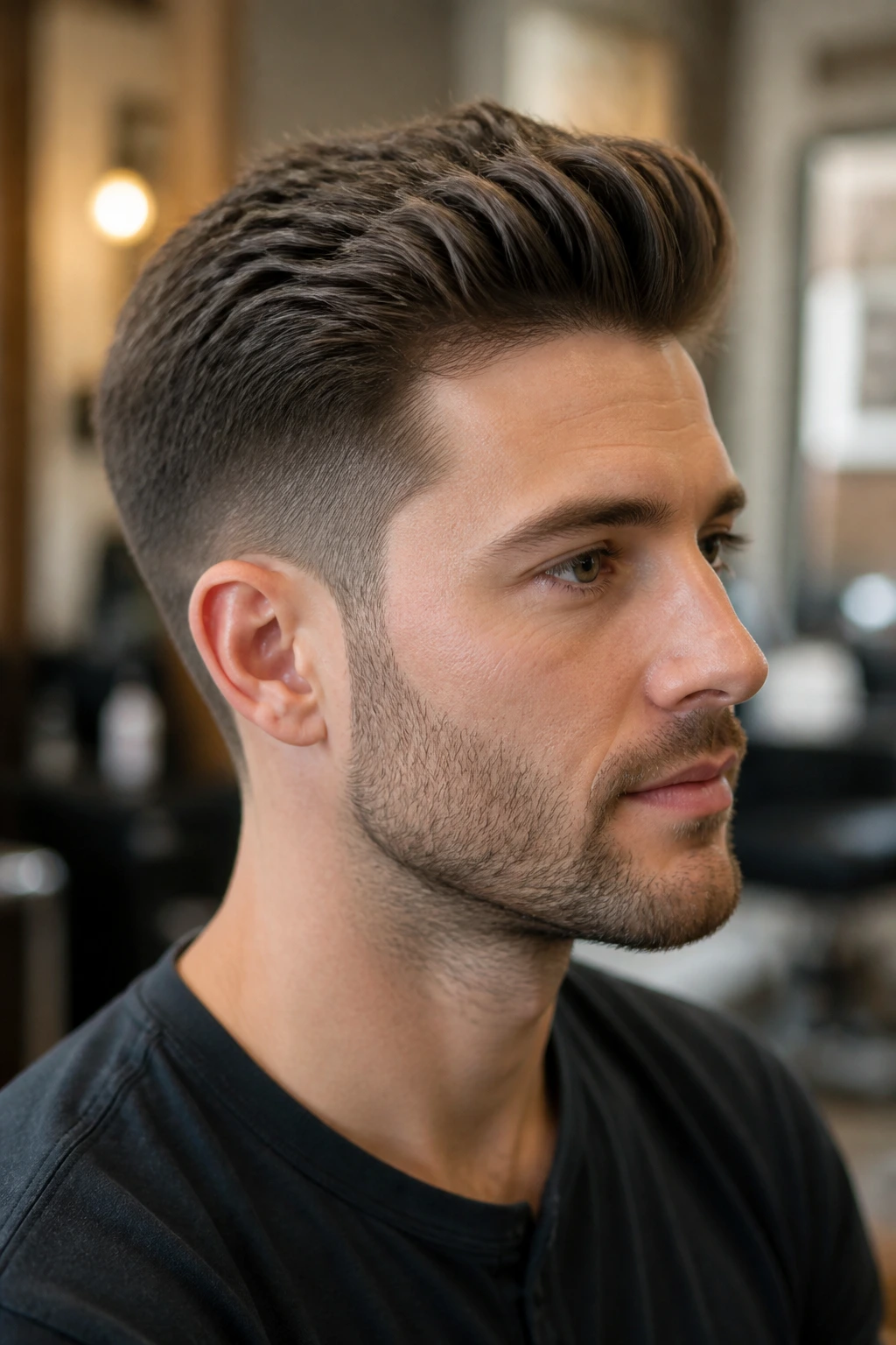 Close-up portrait of a real man with a short pompadour and light layers in a warm barbershop setting