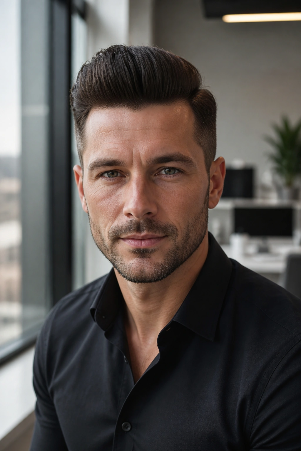 Close-up of man with a short pompadour and matte finish