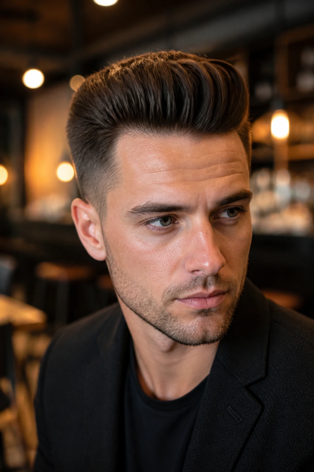 Portrait of a real man with a short pompadour in a warm cafe interior.