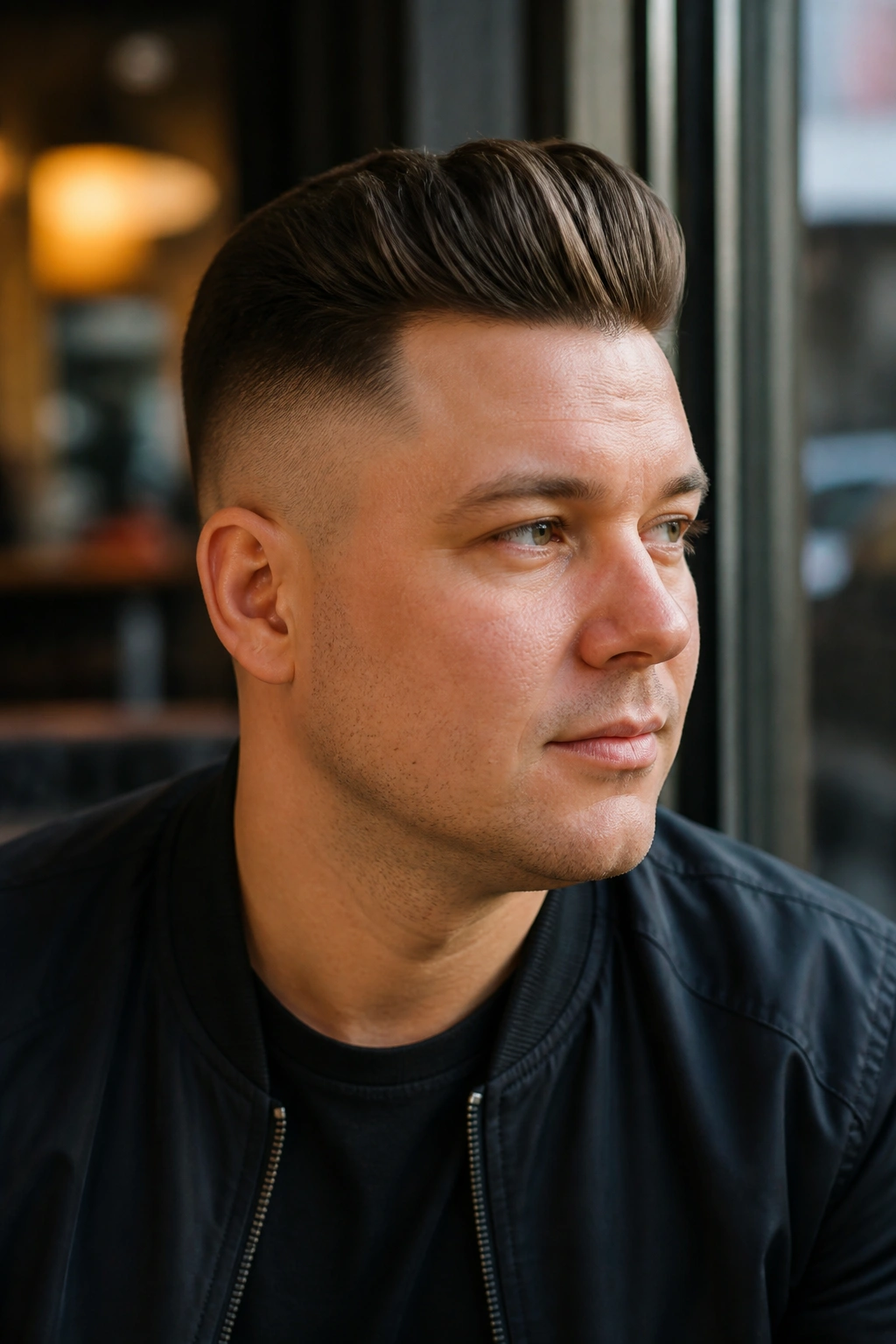Close-up portrait of a real man with a short pompadour undercut and lifted front