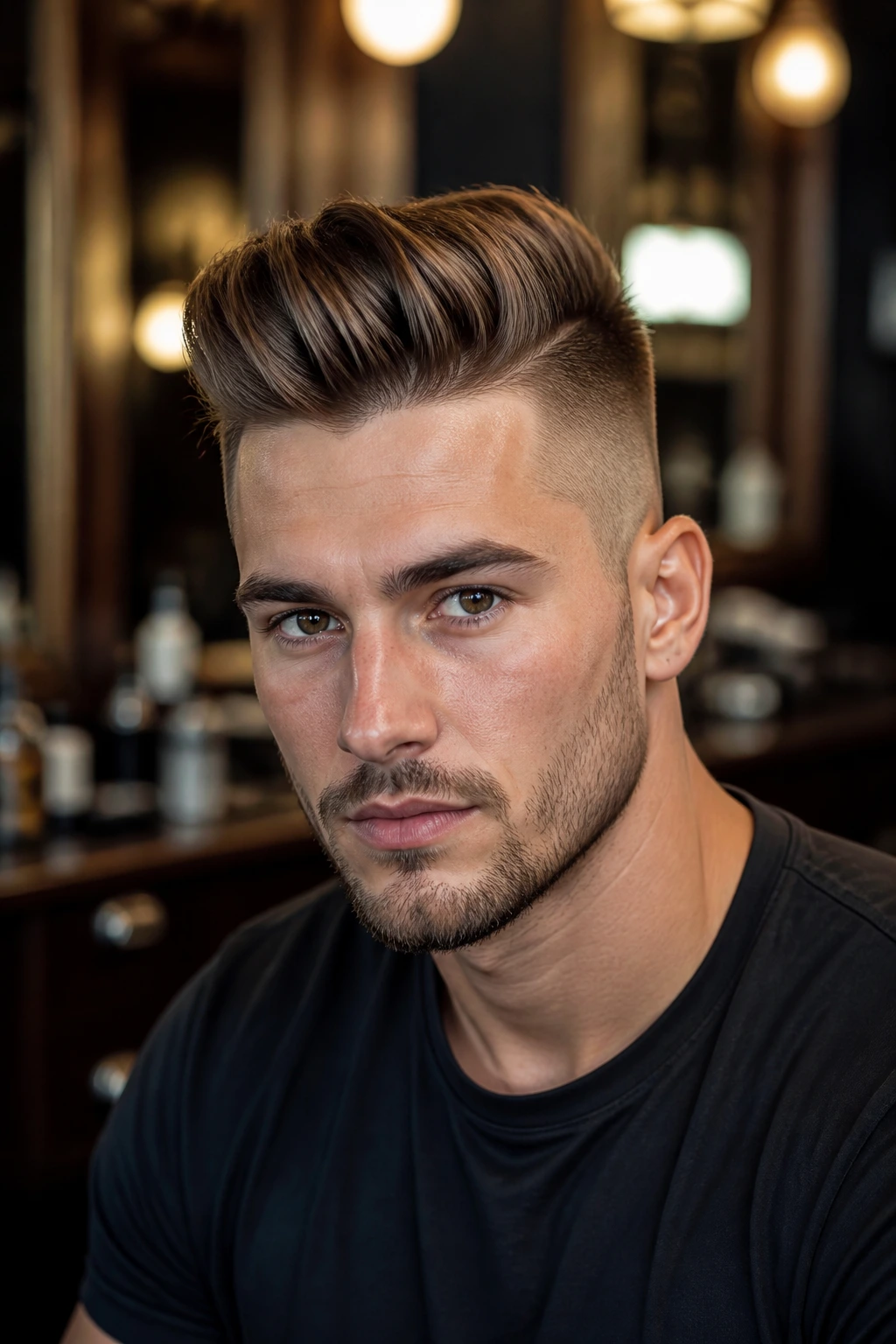 Close-up portrait of a man with a short pompadour undercut in barbershop glow