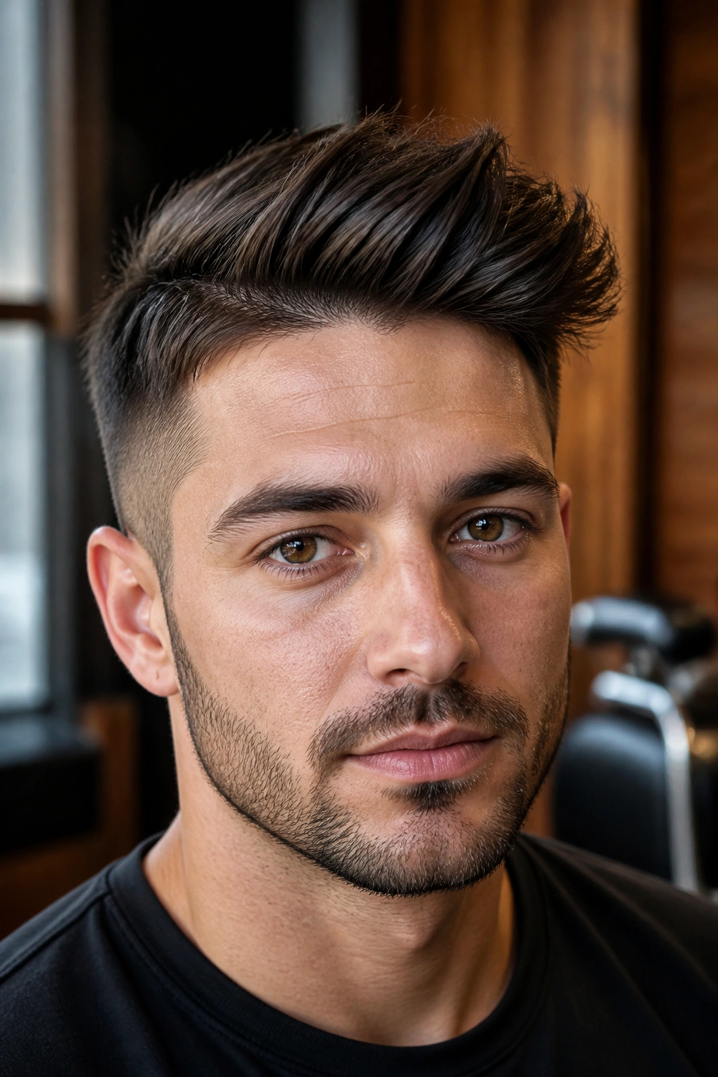 Close-up portrait of a man with a short asymmetrical quiff in a barbershop setting.