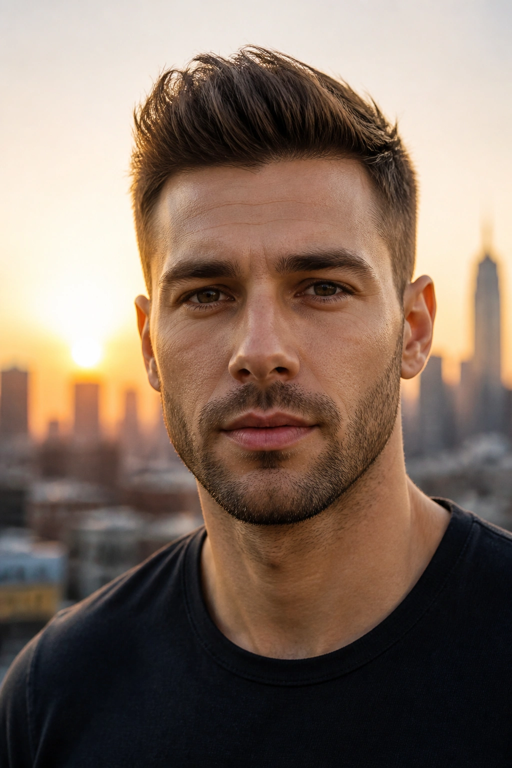 Close-up portrait of a man with a short quiff hairstyle on a rooftop at golden hour