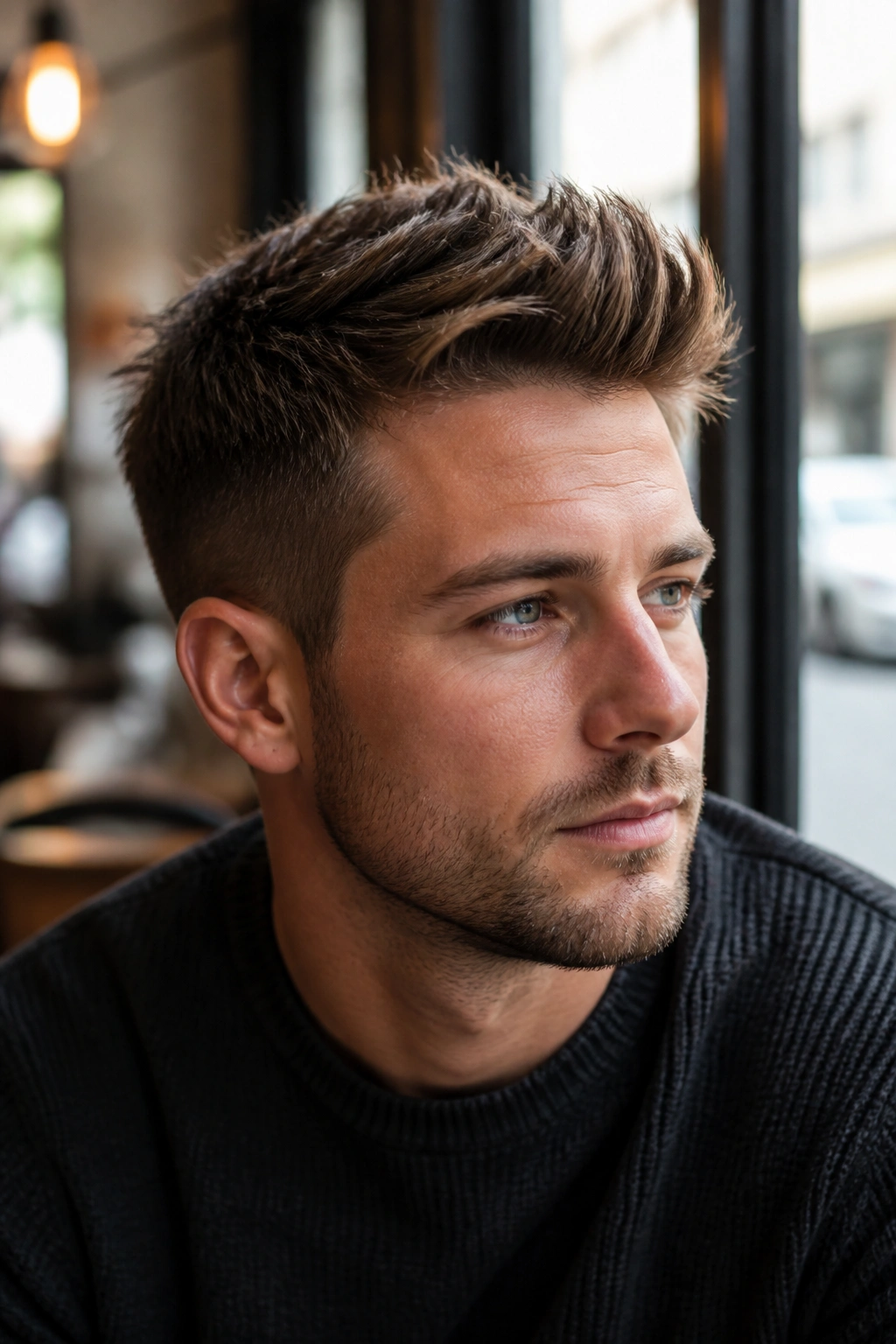 Close-up of a man with a short quiff and choppy layers in cafe daylight