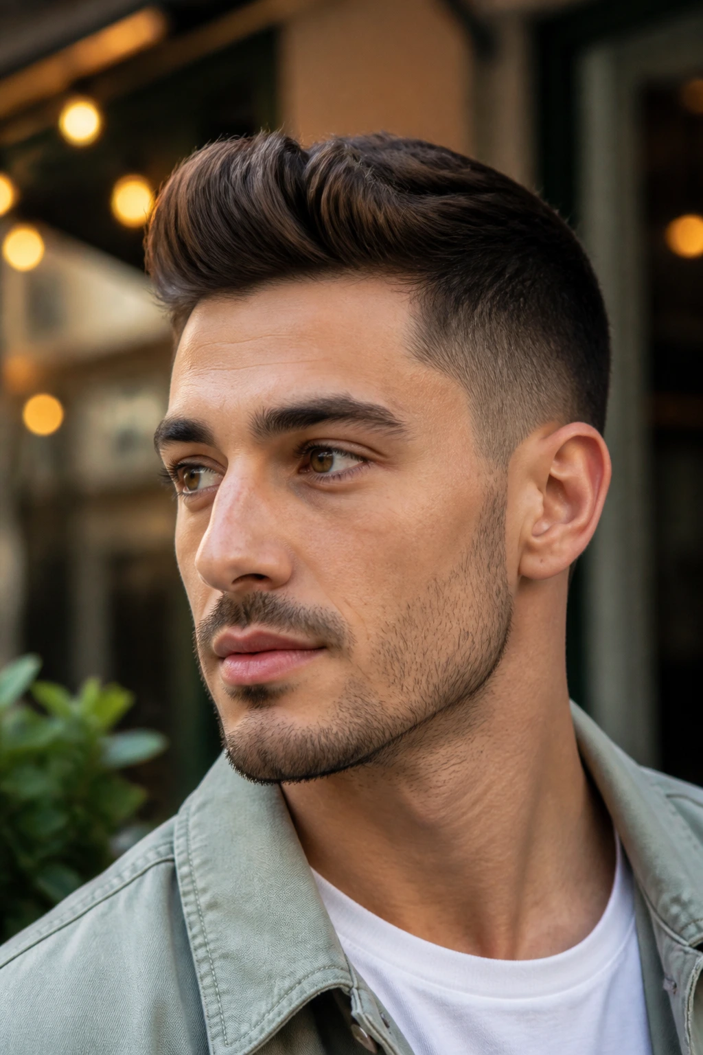 Close-up portrait of a real man with a modest short quiff and tapered sides.