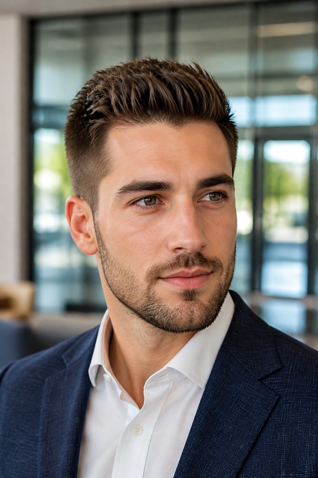 Close-up of a man with a short quiff in a modern office lobby