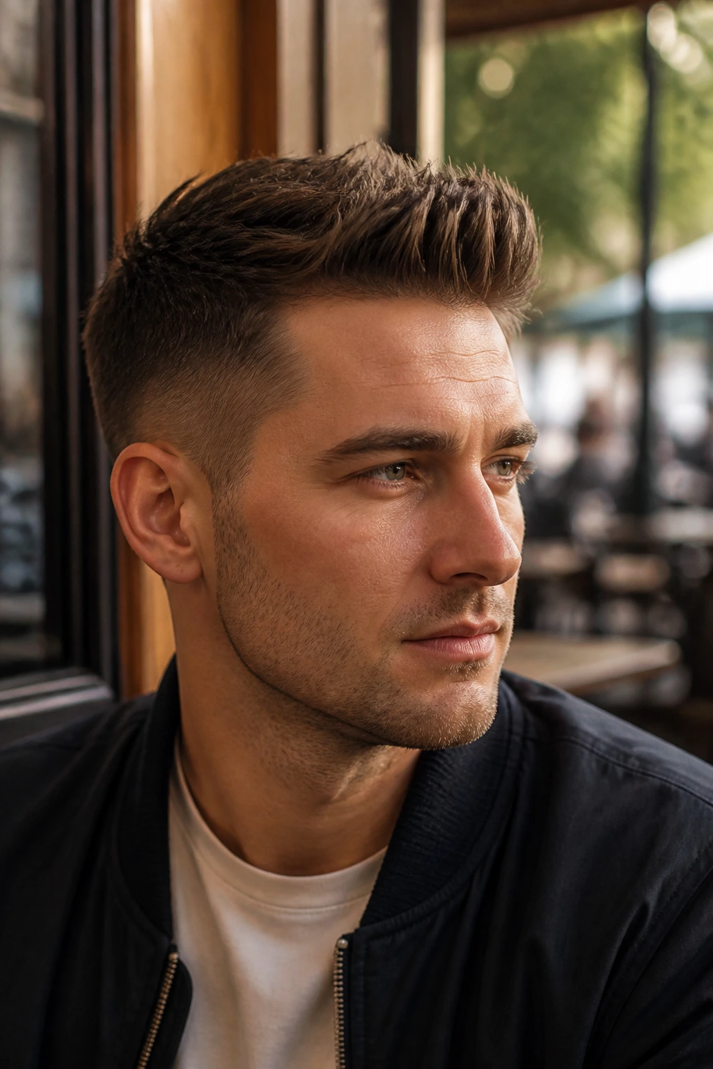 Close-up portrait of a man with a short quiff in natural daylight