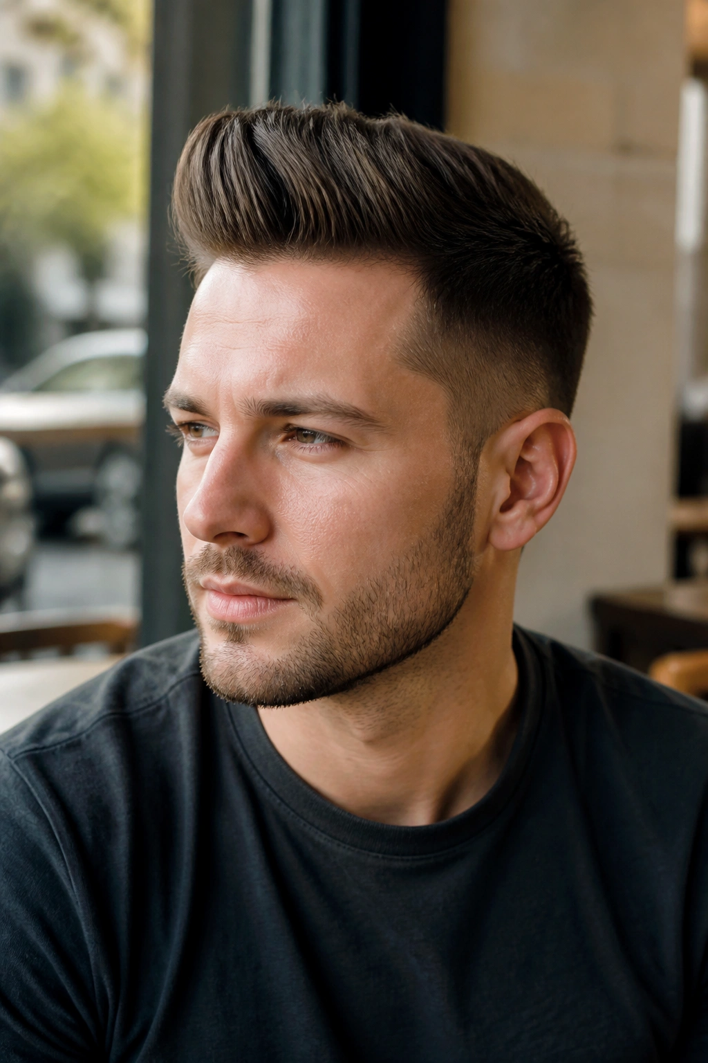 Close-up of a man with a short quiff hairstyle in a cafe setting