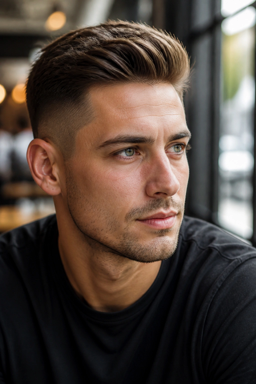 Portrait of man with short quiff undercut showing modest lift