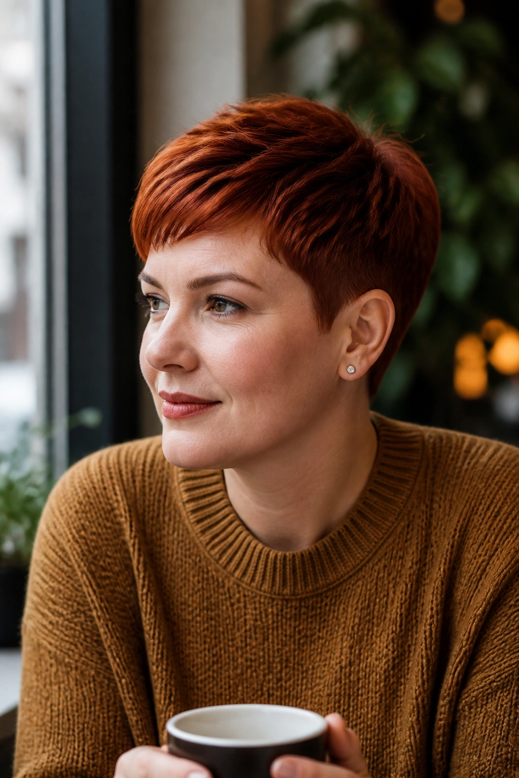 Close-up portrait of a woman with short red pixie cut and rounded crown