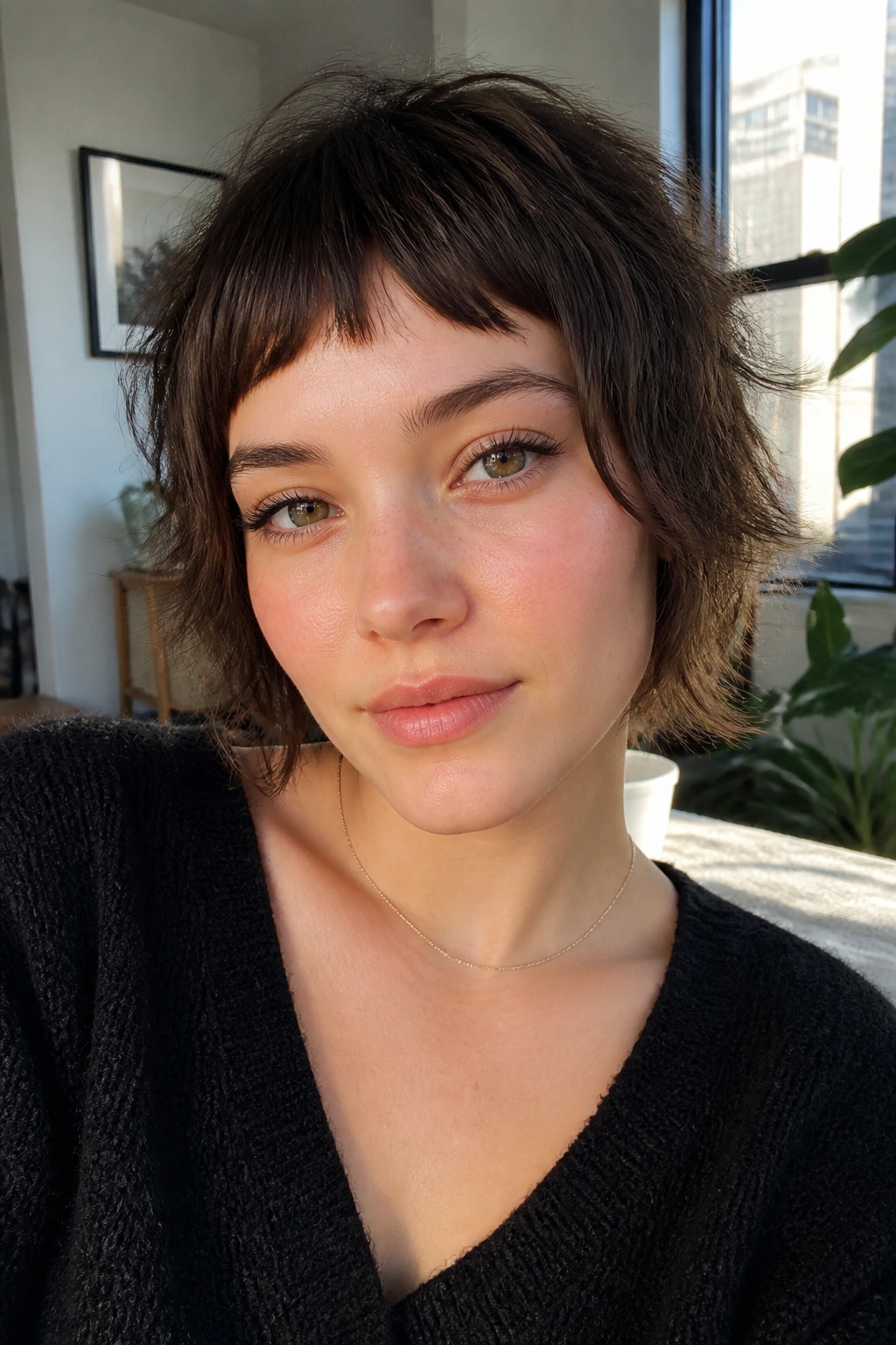 Person with short shag and baby bangs, close-up portrait
