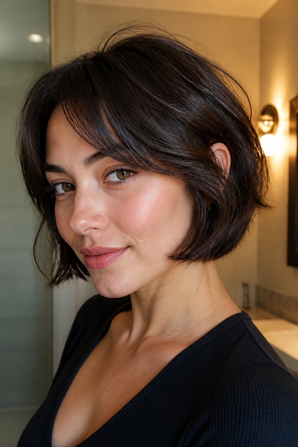 Real woman with short shag bob tucked-in ends