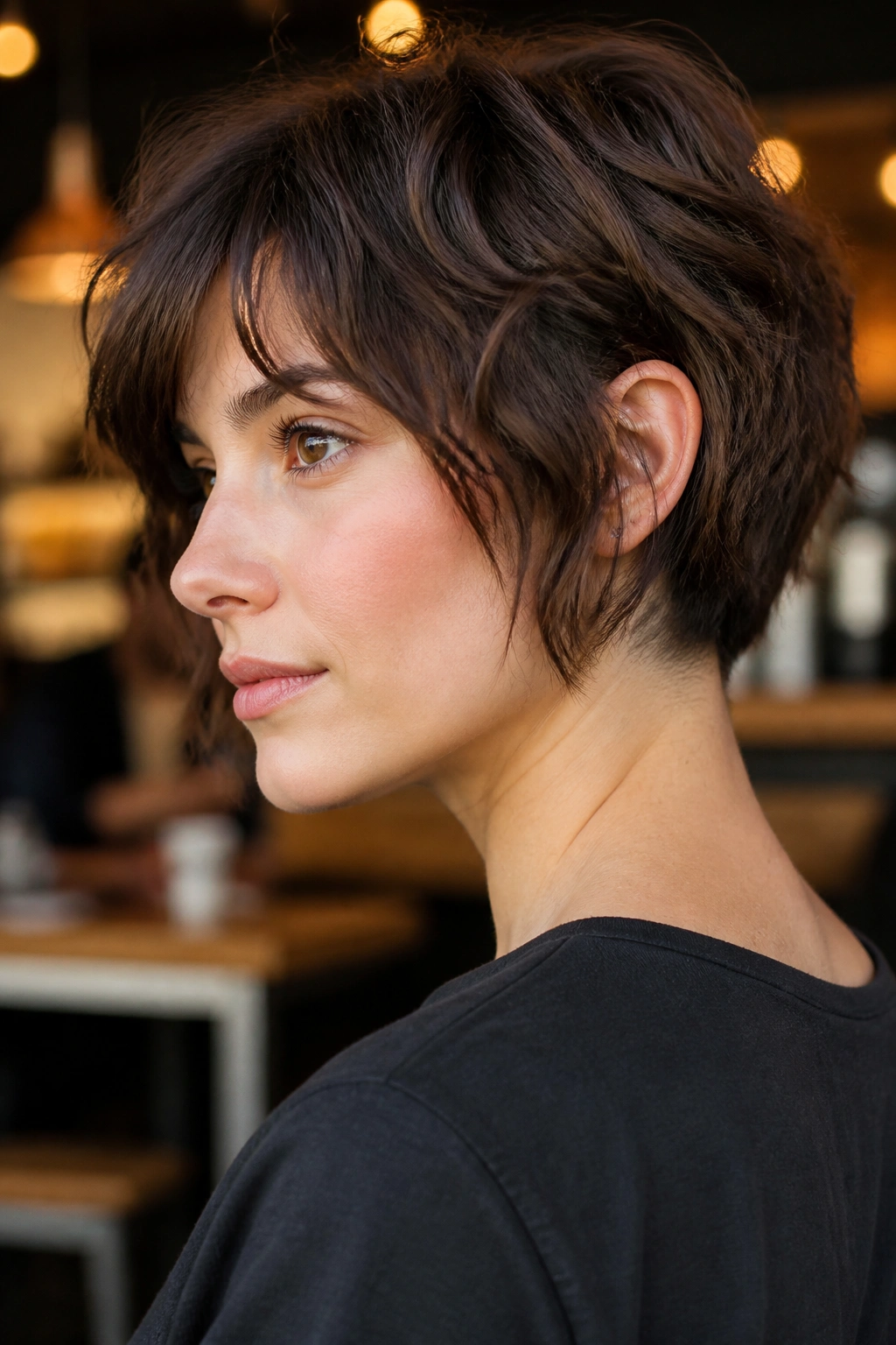 Close-up of a real person with a short shag bob and subtle undercut in a cafe setting