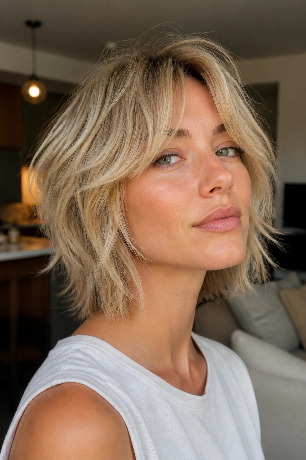 Real woman with short shag and bottleneck bangs in warm apartment light