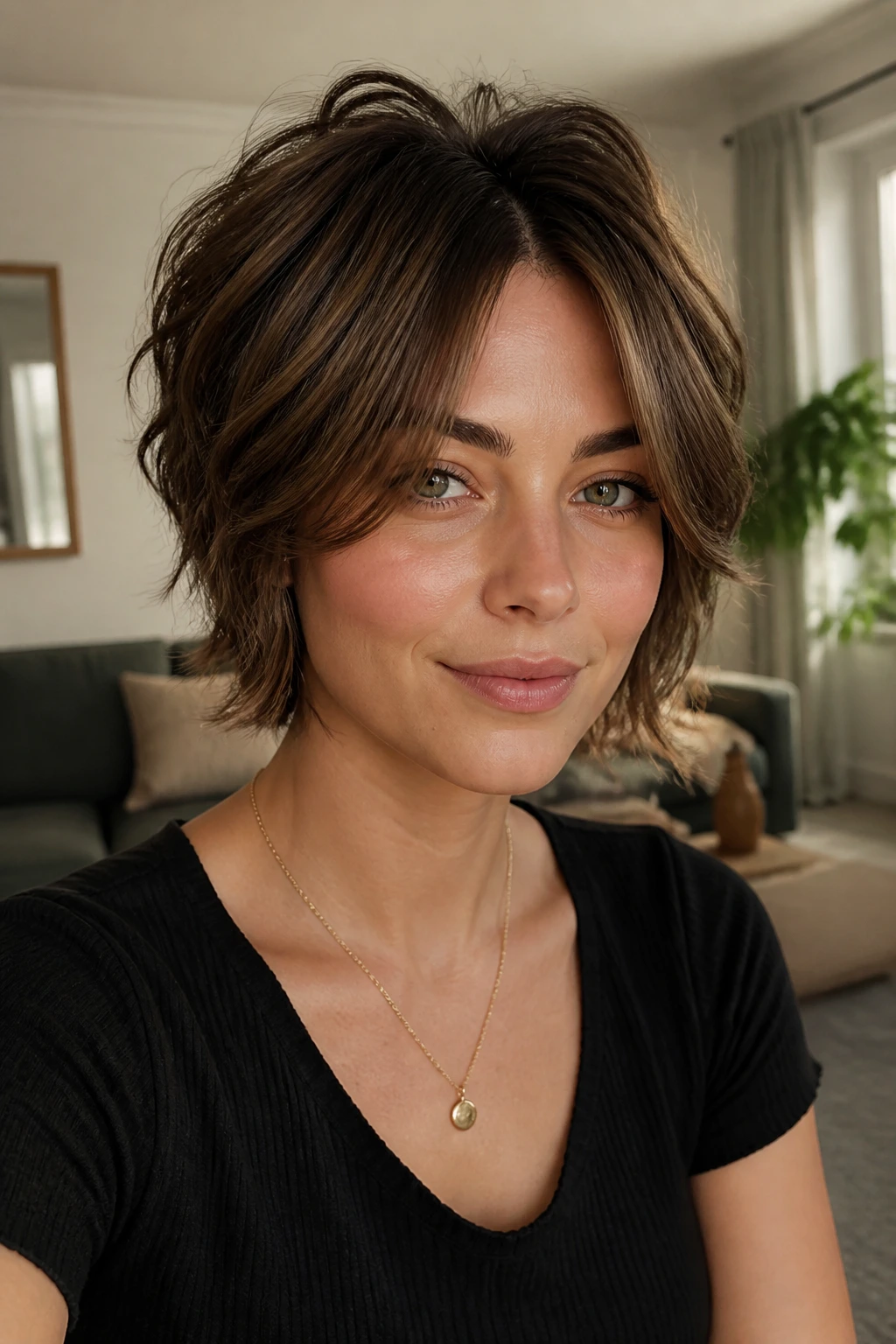 Close-up of a woman with a short shag and curtain bangs in daylight