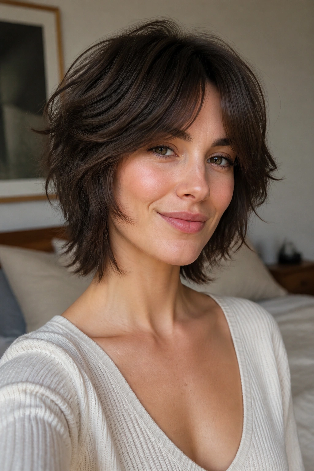 Close-up of a woman with a short shag and curtain fringe.