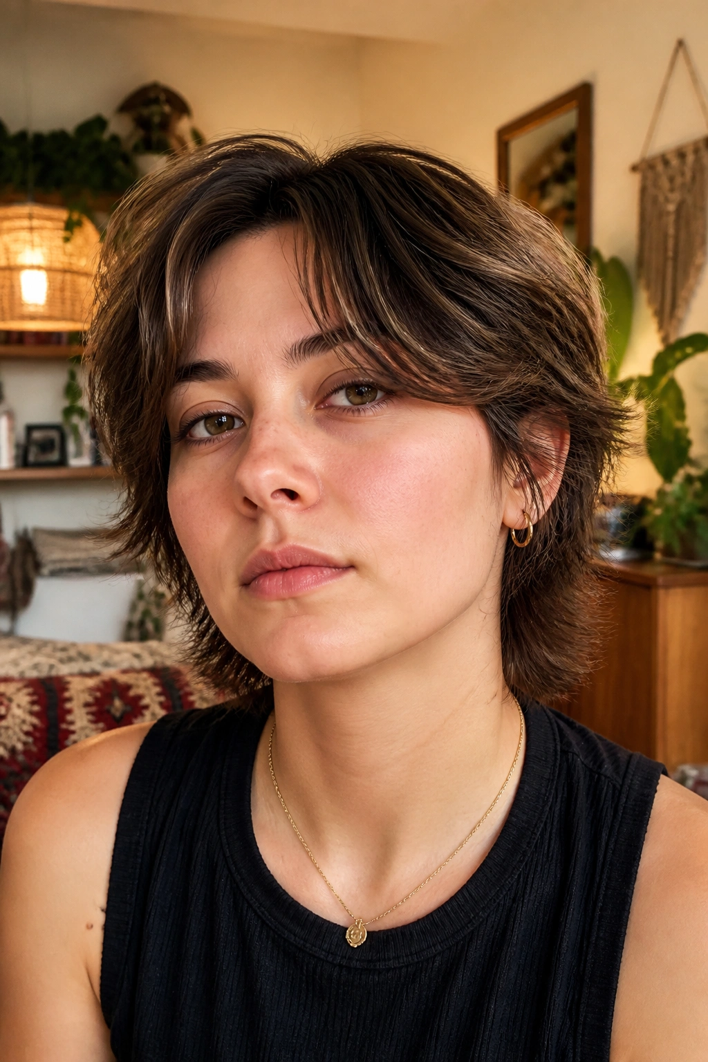Close-up portrait of a real person with a short shag and curtain fringe.
