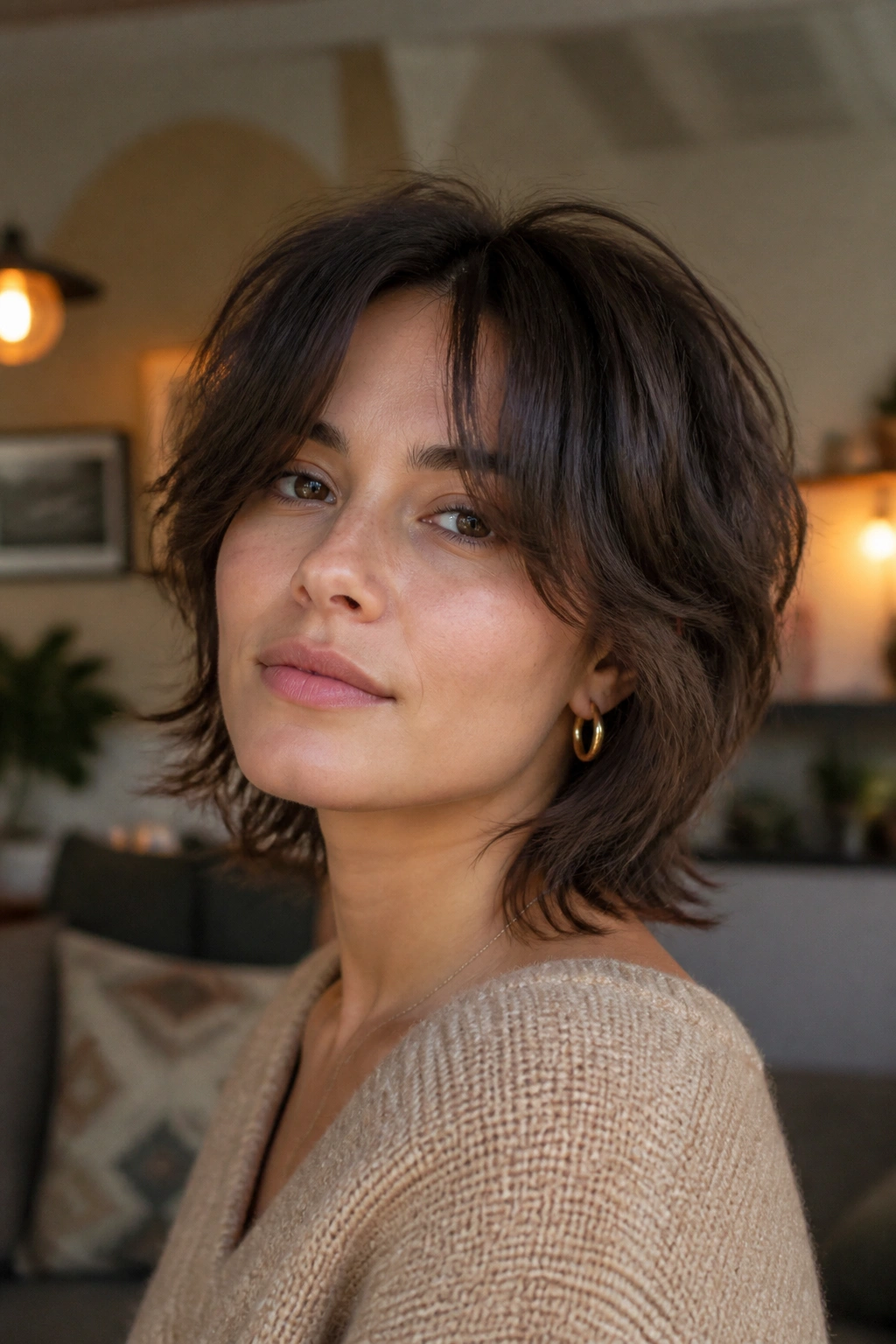Close-up of a real person with a short shag and curtain fringe