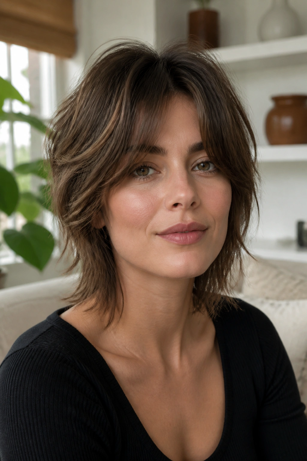 Close-up of a real woman with a short shag and curtain fringe in bright room