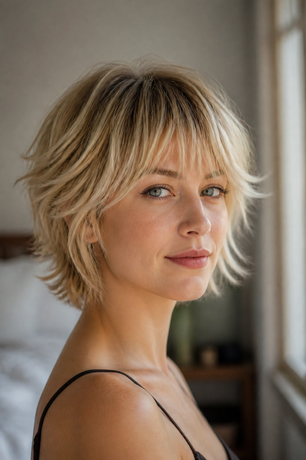 Close-up of a real woman with a short shag and airy eyebrow-grazing fringe in warm window light