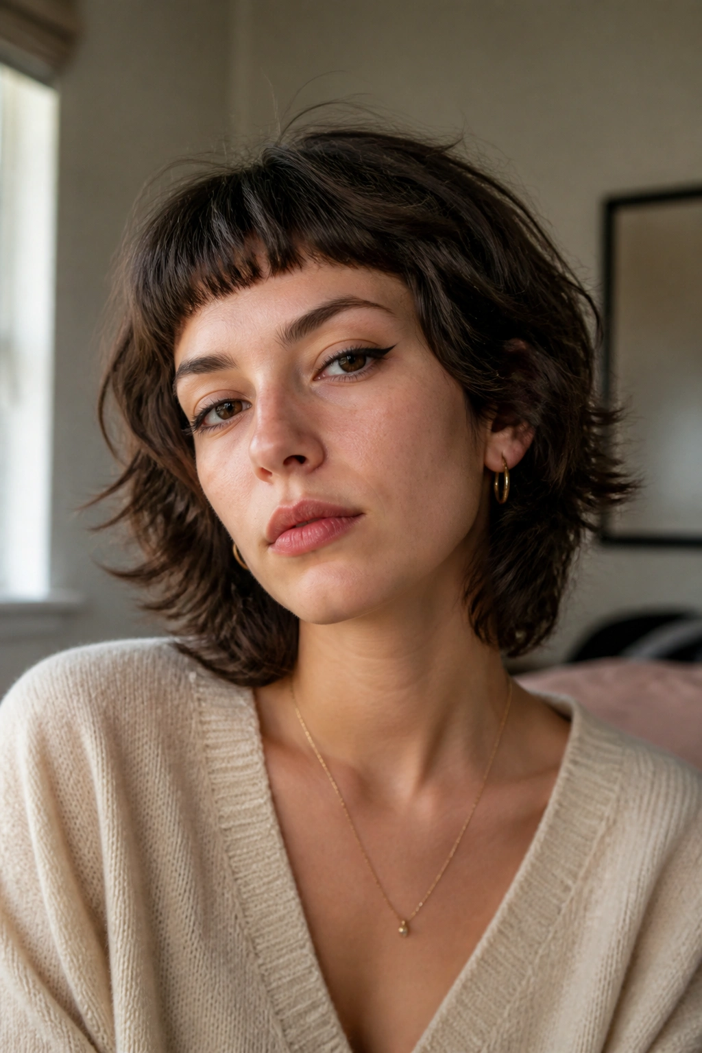 Close-up portrait of a real person with a short shag and micro bangs