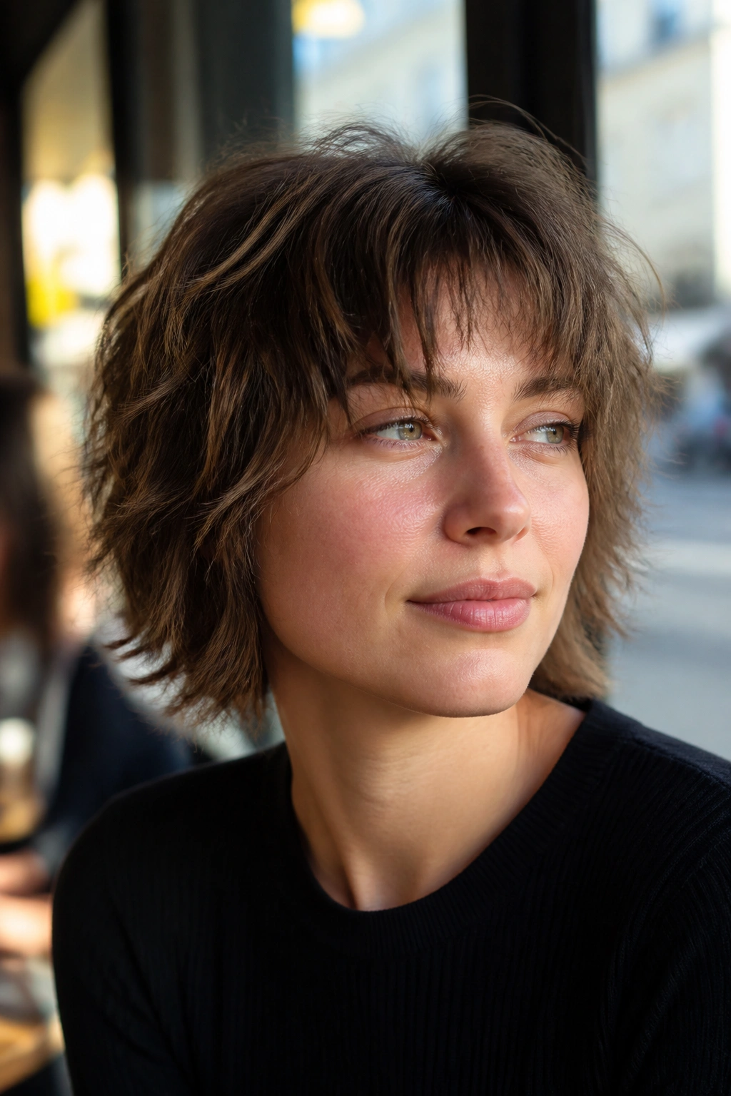 Portrait of a real person with short shag featuring piecey ends and loose texture.