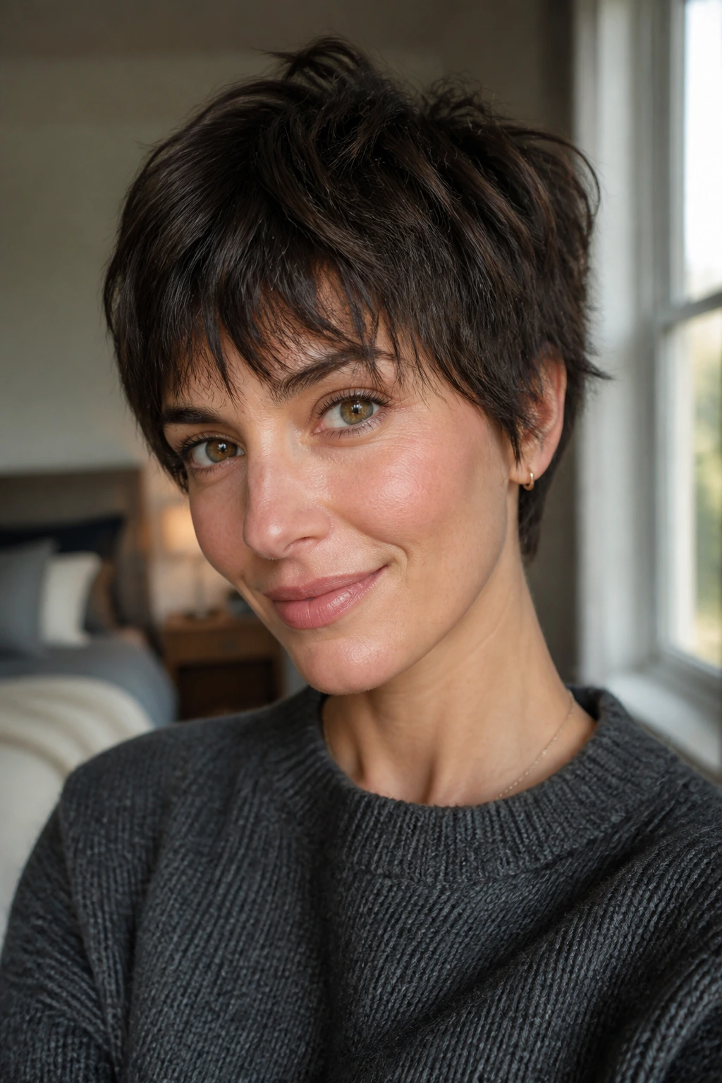 Close-up portrait of a real woman with Short Shag Pixie on brunette hair in window light