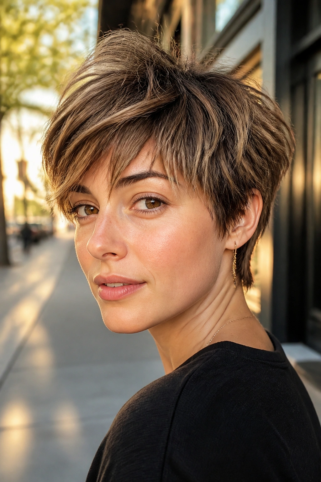 Close-up of a real woman with a short shag pixie on an urban sidewalk