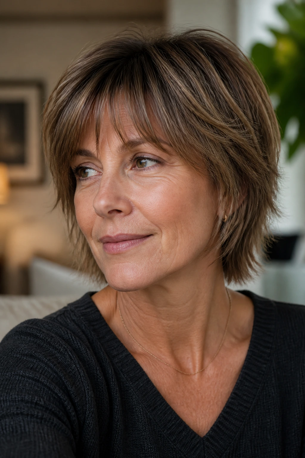 Close-up portrait of a woman with a short shag and soft ends.