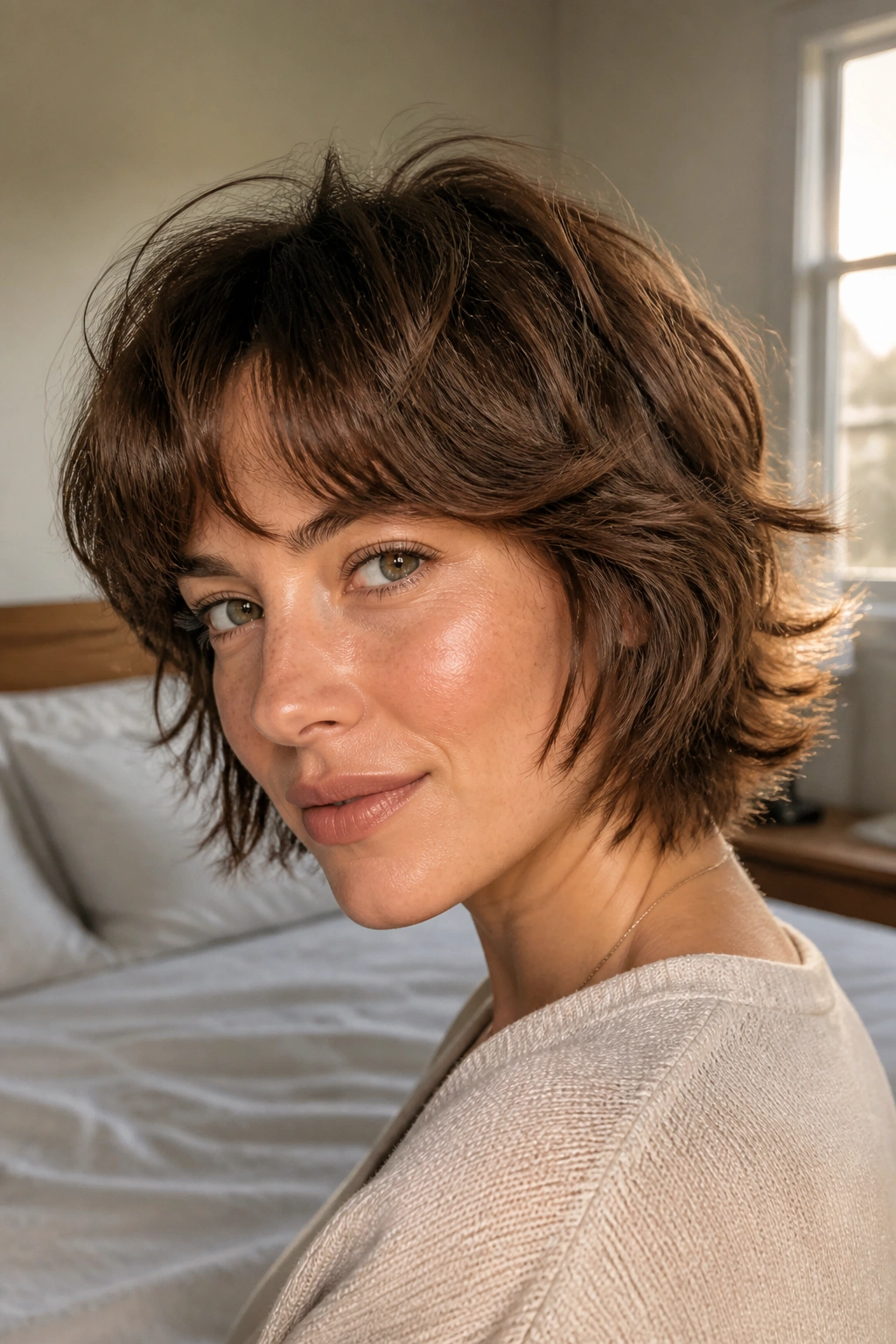 Close-up portrait of a real woman with a short shag haircut and soft volume.