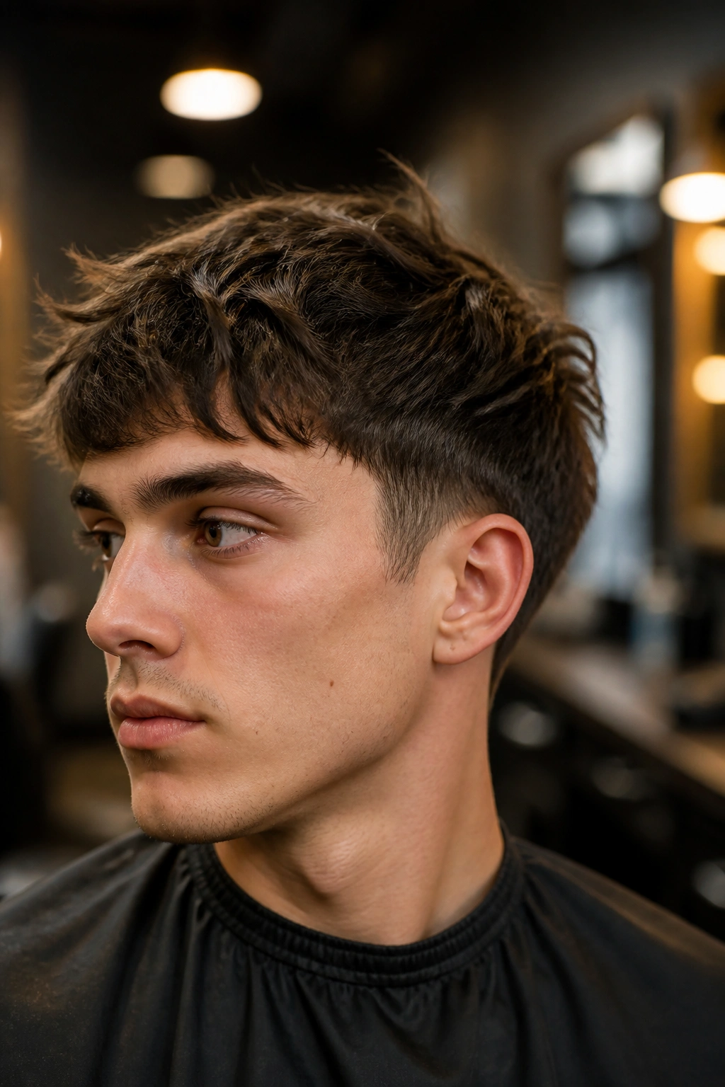 Close-up portrait of a man with short shag and tapered sides under natural daylight