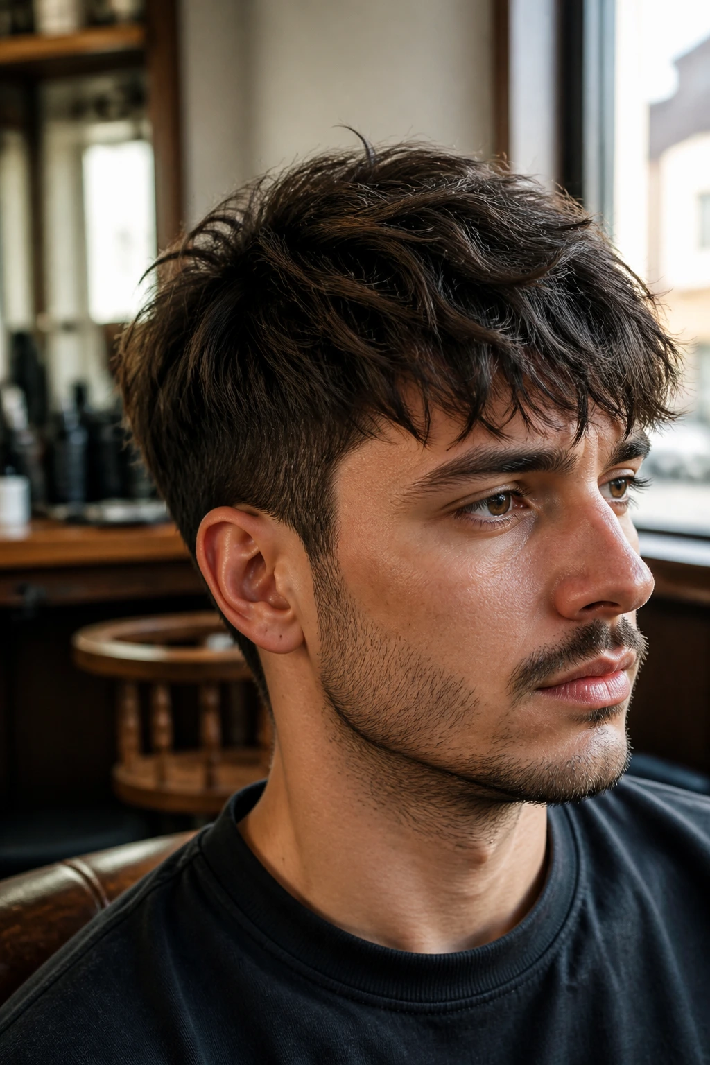Close-up portrait of a man with short shag and tapered sides in a barbershop