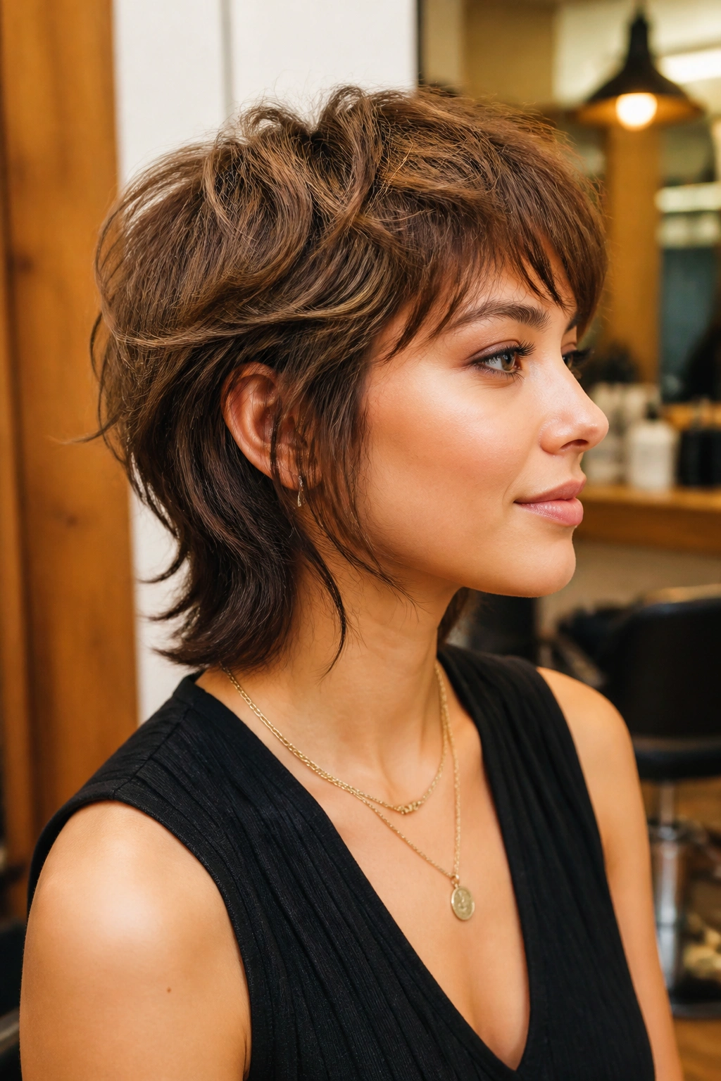 Portrait of a real person with short shag showing underlayer length and two-shape silhouette.