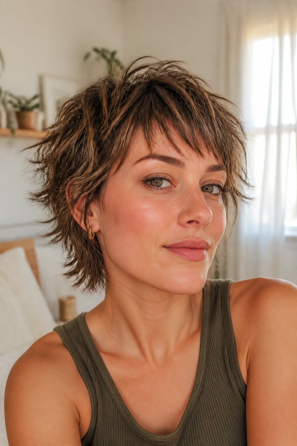 Real person with short shag and uneven fringe in a close-up.