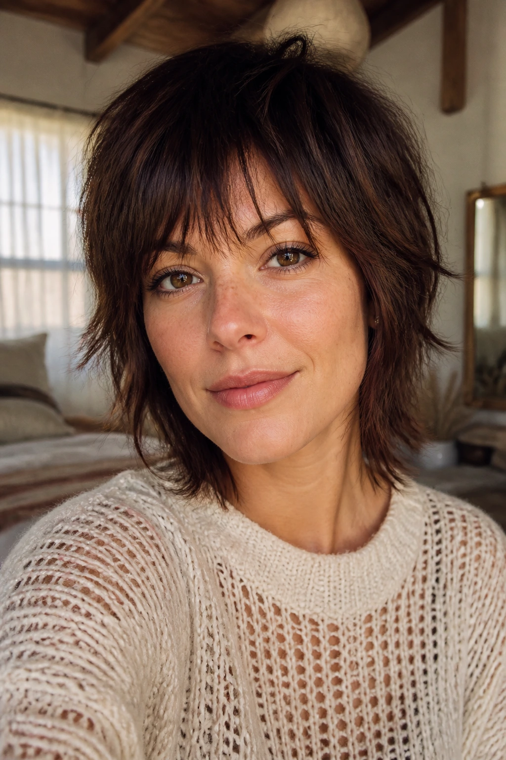 Close-up portrait of a real woman with Short Shag With Wispy Fringe hairstyle in a boho bedroom.