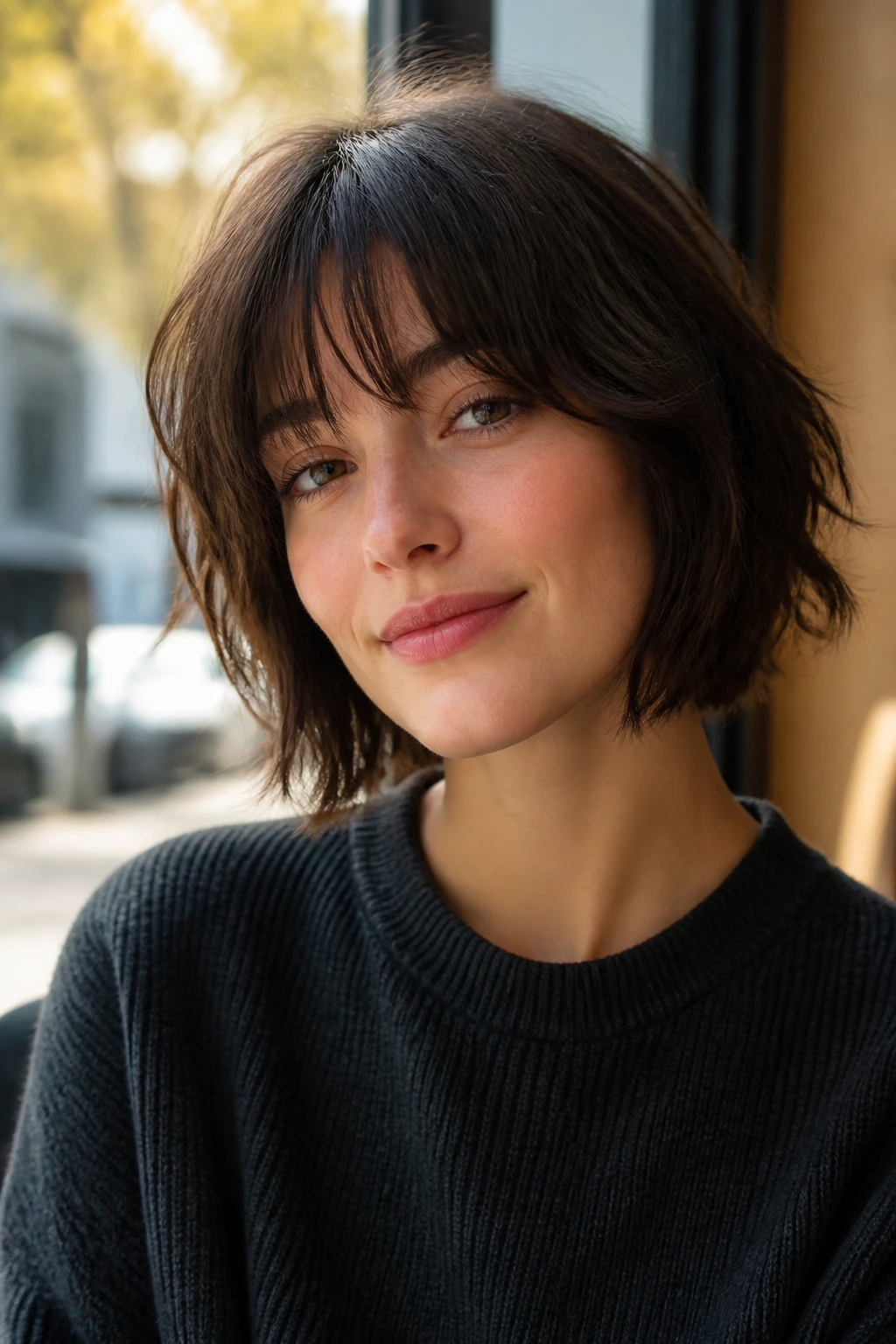 Short shaggy bob with airy fringe close-up portrait in sunlit cafe