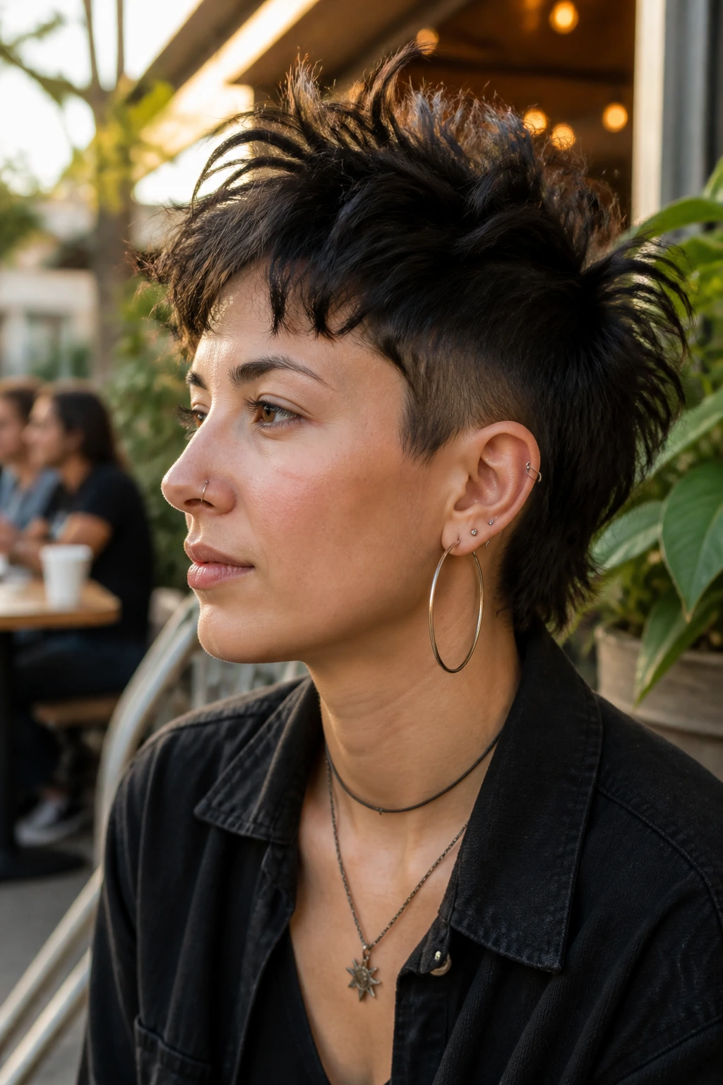 Portrait of a real person with a short shaggy mohawk in warm outdoor light.