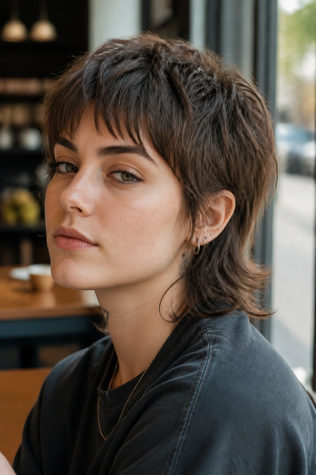Close-up portrait of a real person with short shaggy mullet in cafe daylight