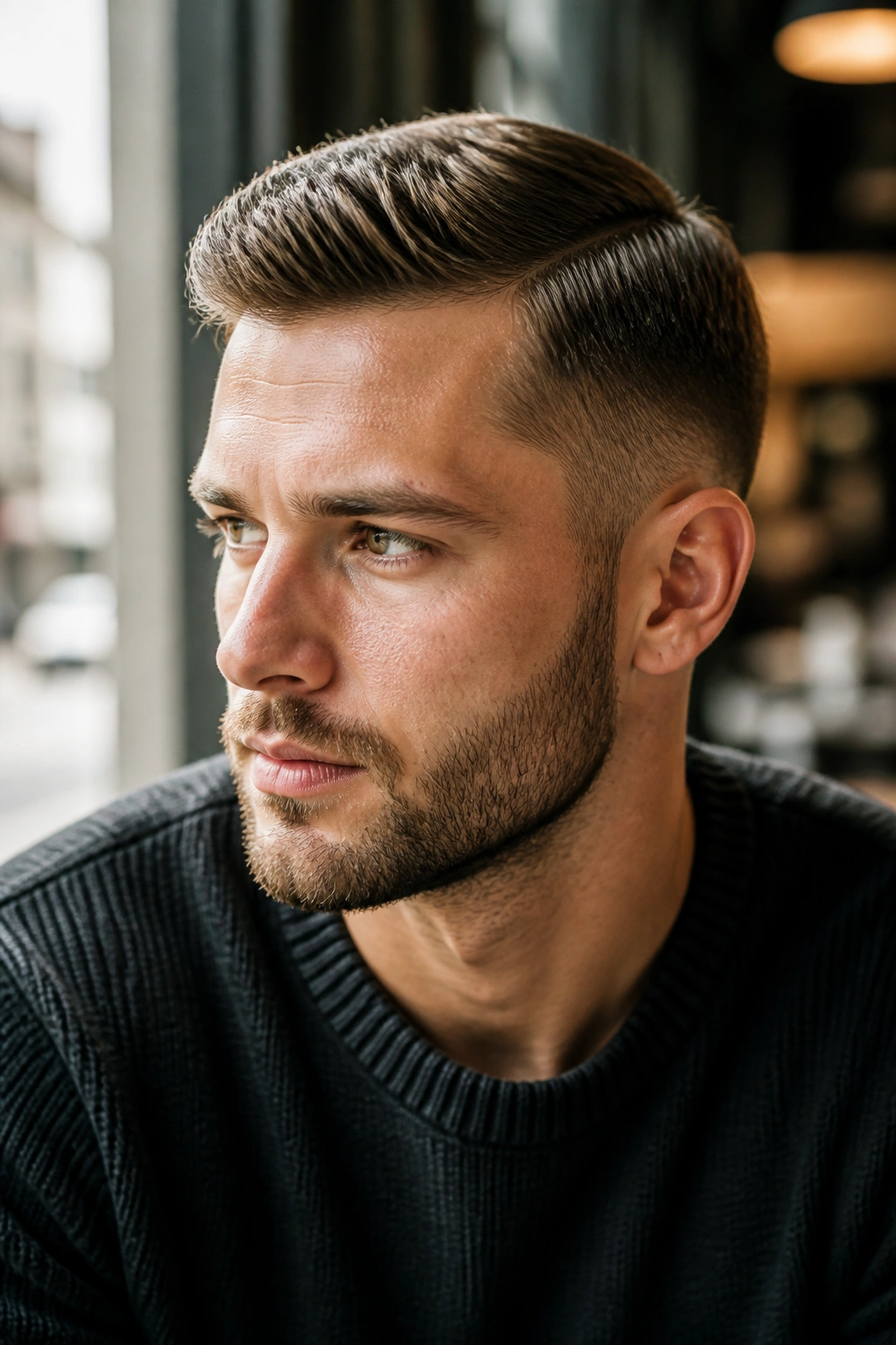 Close-up portrait of a man with a short side part haircut in a cafe setting